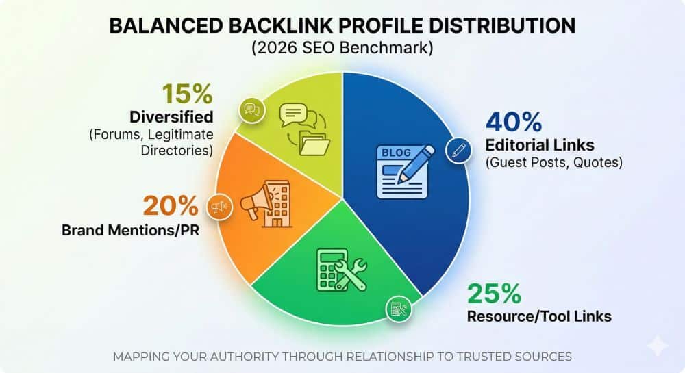 Natural backlink profile distribution pie chart - tỷ lệ phân bổ anchor text chuẩn theo google 2026 - keymarketing.top